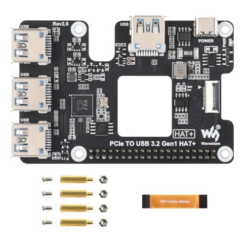 Waveshare PCIe TO USB 3.2 Gen1 Hat+ Expansion Card for Raspberry Pi 5, PI5 Adapter Board, 4 USB Ports, 1 to 4 High Speed USB Ports, Hat+ Standard, with Power Monitoring Chip & Fan Vent, Plug and Play