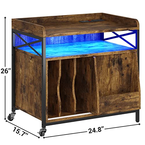 Bthfst End Table With Charging Station, Record Player Stand With Led Lights,Led Nightstand With Storage Shelf, Mid-Century Record Storage With Wheels For Living Room Bedroom,Rustic Brown #TOP5