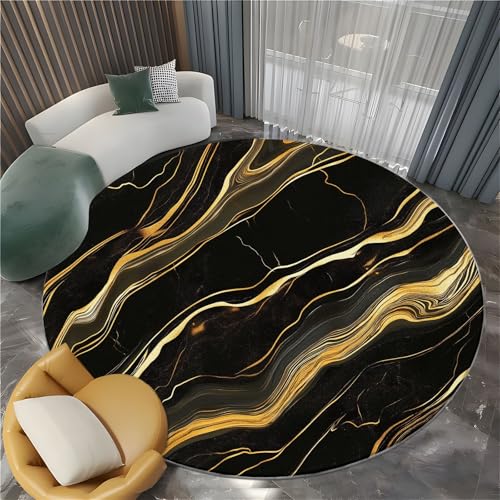 Tapete redondo 4 ft negro oro mármol bajo pelo miniatura 3