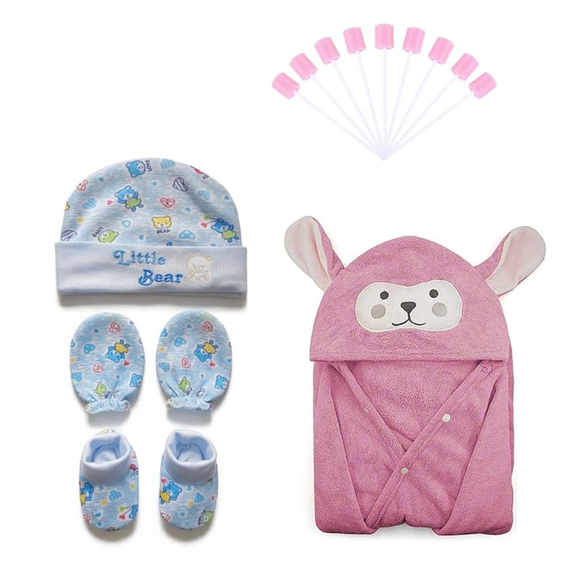 Image of Safe-O-Kid Baby Hygiene Combo | 1 Cap Mitten Bootie Set, 1 Baby Hooded Bath Towel & 1 Sponge Swab | Newborn Bathing & Grooming Essentials Kit for Babies - Assorted
