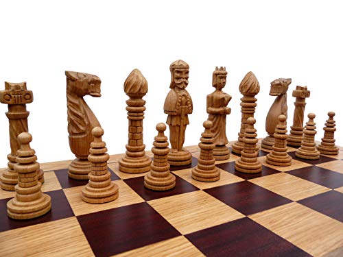 Master of Chess - Set di scacchi in legno di quercia intagliata a mano, 65 x 65 cm, scacchi intarsiati e scacchi in rovere intagliato a mano, per adulti e bambini