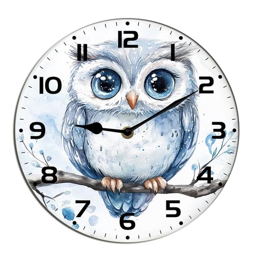 Horienteeon Horloge murale en bois avec motif hibou mignon - Horloge de salle de bain - Fonctionnement à piles - Sans tic-tac - Décoration de salon - Rond -...