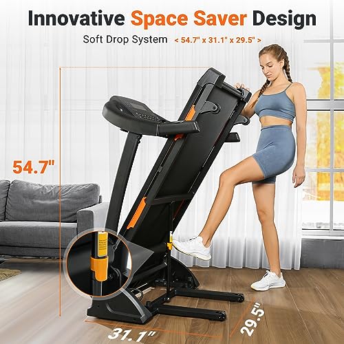 THERUN Incline Treadmill - Innovative Space-Saving Design - Soft Drop System: 54.7" x 31.1" x 19.5". Folded Dimensions: 31.1" L x 29.4" W x 54.7".