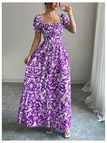 Image of Floerns Women's Floral Short Puff Sleeve Milkmaid Dress Boho A Line Long Dresses