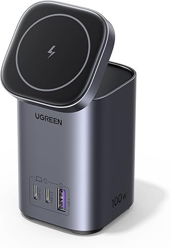 UGREEN Estación de carga de 100 W, 4 puertos, cargador plegable de 15 W certificado Qi2, soporte de cargador inalámbrico MagSafe para iPhone
