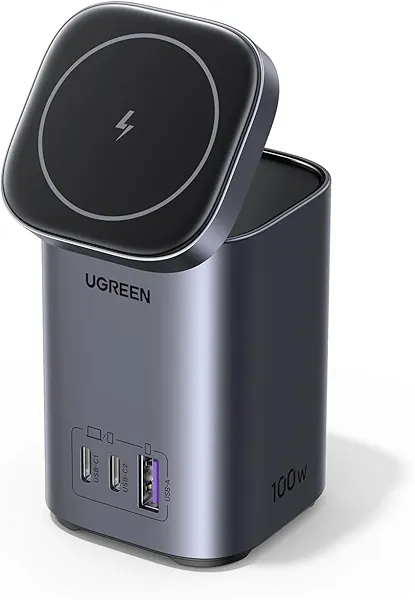 UGREEN Nexode 100W USB C Charging Station, 4-Port GaN Desktop Charger with 15W Qi2 MagSafe Wireless Charging Stand for iPhone 17/16/15/14/13/12, AirPods Pro, MacBook Pro, Galaxy S25/S24, Pixel 10/9