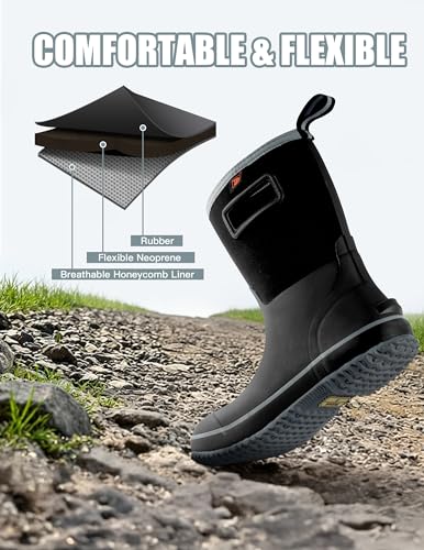 Image of Trudave Rubber Rain Boots for Men, Neoprene Waterproof Rain Boots, Mid Calf All-Season Mud Boots, Insulated Warm Outdoor Work Shoes for Hunting, Gardening, Farming, Yard Working