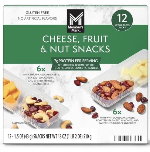 Members Mark Cheese, Fruit & Nut Snack Packs, 12 Count – Protein-Rich Snack Mix with Real Cheese, Dried Fruit & Nuts.