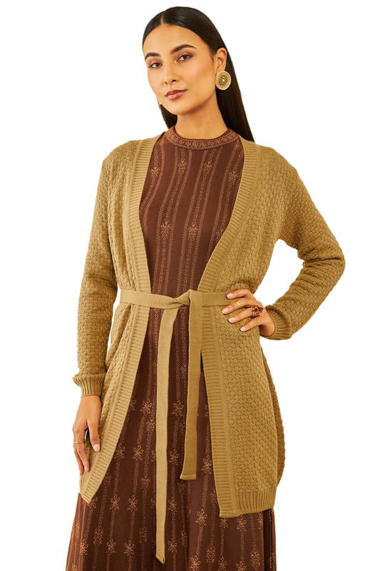 soch Womens Beige Acrylic Knitted Open-Front Longline Shrug with Waist Tie-Up-picture-47