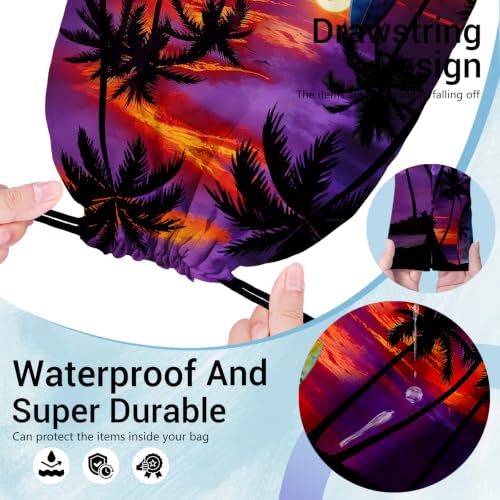 Image of Purple Palm Trees Drawstring Storage Bag Pouch Athlete Bag for Swimming