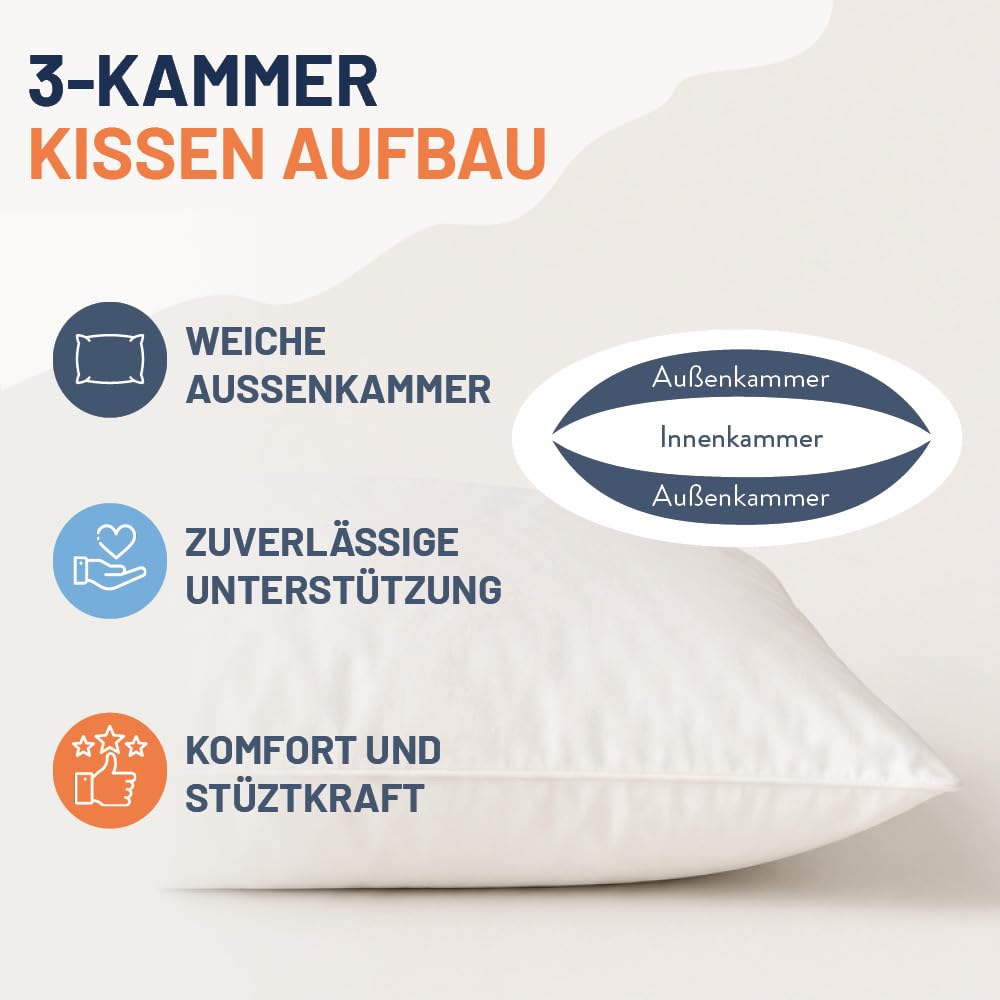 Daunenkissen 80x80 cm, Premium 3-Kammer Daunen Kopfkissen, Made in Germany | 90% Daunen (Außen), Daunen Kissen für Allergiker NOMITE, Dreikammerkissen aus 100% Baumwolle, OEKO-TEX STANDARD 100