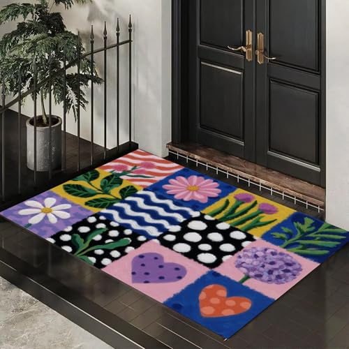 Paillasson fleurs patchwork violet : la solution anti-glisse lavable - 5