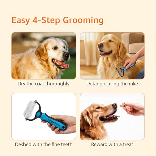 Image of Amazon Basics, Deshedding Tool with Rake for Pet Dog Grooming | Dematting Tool | Removes Loose Hair, Mats, Tangles, and Dirt | Suitable for All Dog Breeds | Large Blade