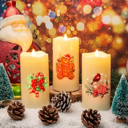 Image of Eywamage Fiber Optic Christmas Flameless Candles with Remote, Flickering LED Battery Pillar Candles Set of 3