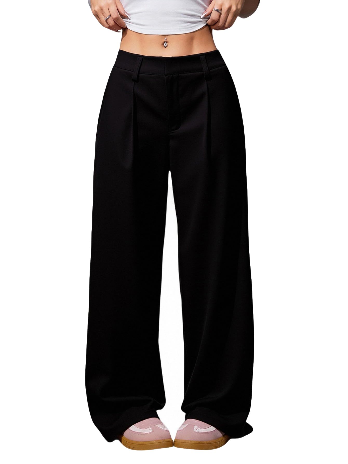 Womens Wide Leg Tailored Pants Dressy Casual High Waisted Work Office Trousers with Pockets