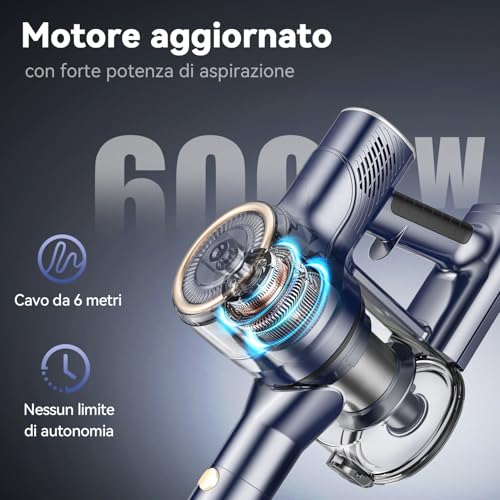 YISORA Aspirapolvere con Filo, Scopa Elettrica con filo 6 in 1 Aspirapolvere e Aspira Briciole, 23kPa 600 W, Lunghezza Cavo 6m, Senza sacco, per Pavimenti duri, tappeti, peli di Animali Domestici (I8 - Immagine 3