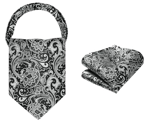 Image of HISDERN Ascot Ties for Men Paisley Floral Ascot and Pocket Square Set Classic Self Tie Mens Cravat Handkerchief for Wedding