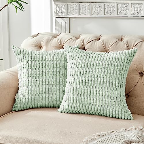 FY FIBER HOUSE Pack of 2 Striped Corduroy Throw Pillow Cover Decorative Couch Pillow Covers for Bed Sofa Living Room 20"×20" Sage Green