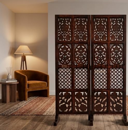 Image of Wooden Room Partition Screen Divider with Stand for Living Room and Bedroom (Brown) | Folding Sheesham Wood Room Separator Wall for Office and Salon