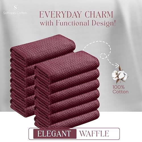 Image of Burgundy Kitchen Towels - Waffle Weave, 100% Cotton, Soft & Absorbent, Fast Dry, Durable, 16x26 Inches, Perfect for Dish Drying, Bar, Cleaning, Hand Wipe and Everyday Use, Set of 4