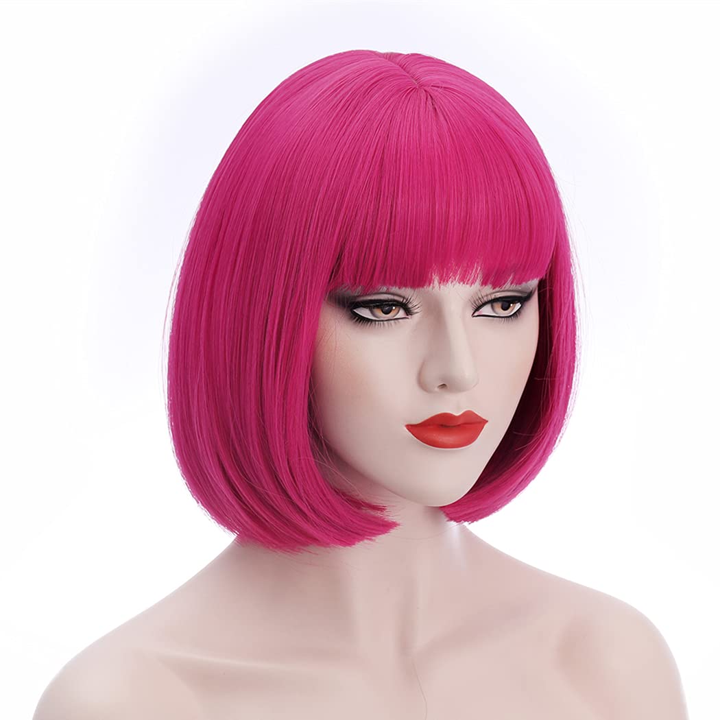 Bopocoko Hot Pink Wigs for Women 12'' Short Hot Pink Bob Wig with Bangs Natural