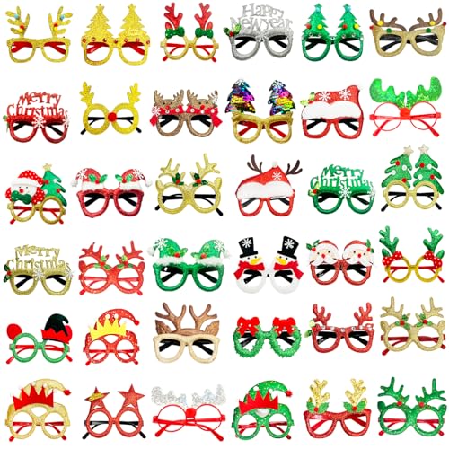 Wuccazy 36Pcs Christmas Glitter Glasses Christmas Eyeglasses Party Decorations Holiday Party Eyewear Fun Xmas Party Favors Costume Accessories Photo Booth Props for Christmas Party