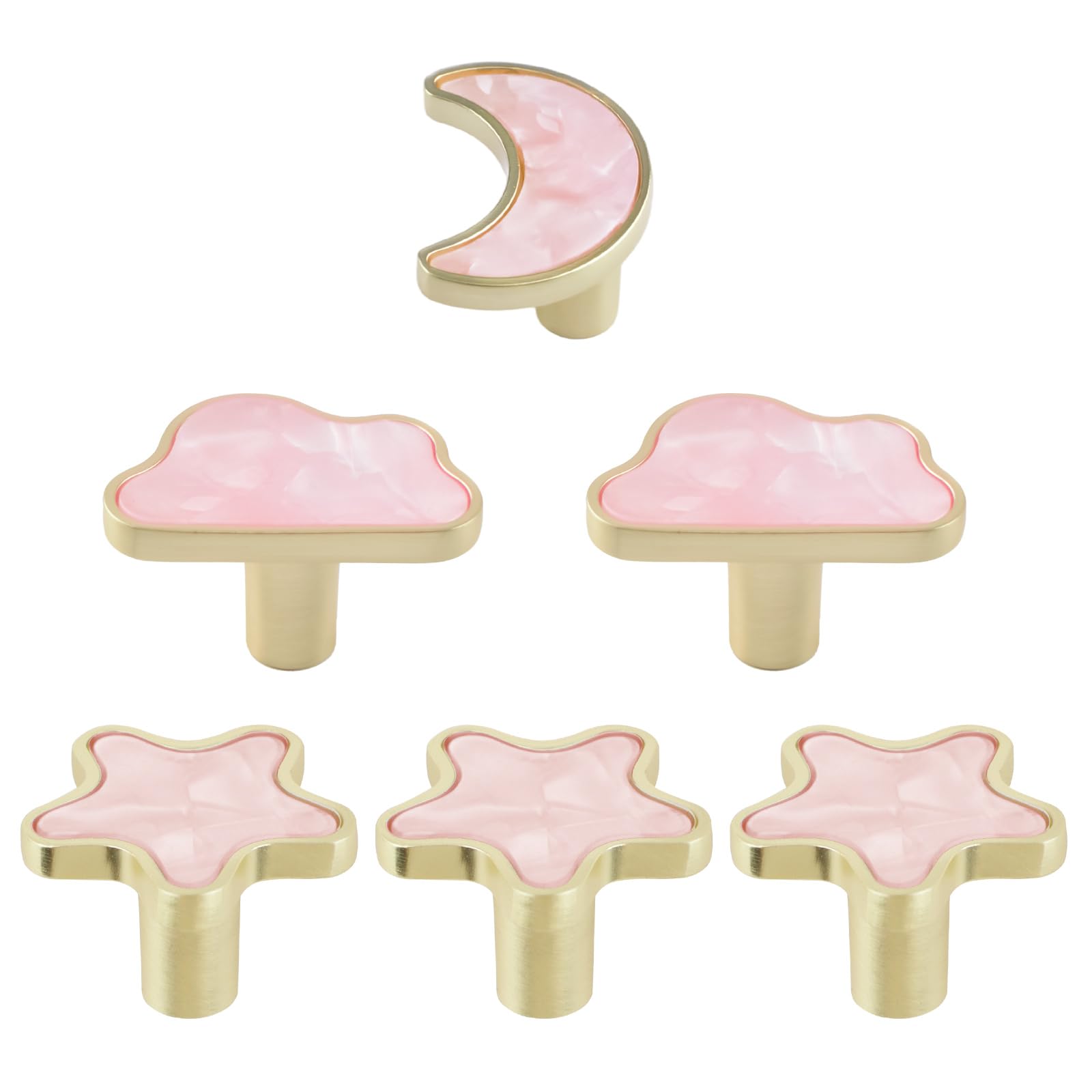 MOROBOR Decorative Pink Cabinet Knobs, 6 Pack Creative Cloud Moon Star Shaped Dresser Knob Zinc Alloy Single Hole Furniture Handle with Screws& Expansion Tube for Cabinets Drawer Door — image 1