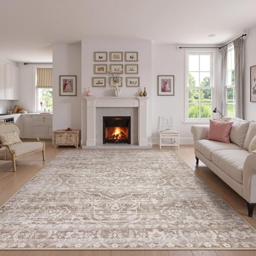 Image of Lahome Neutral Living Room Rugs 8x10,Large Washable Rugs for Bedroom,Non-Slip Soft Bedroom Rug 8x10 Under Bed, Boho Vintage Farmhouse Carpet for Dining Room Table Office (Taupe/Beige,8'x10')