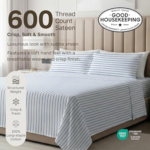 Image of California Design Den Printed Striped Bed Sheets Full Size Set - 600 Thread Count, 100% Cotton Sateen, Premium Deep Pocket Full Sheet Set - Classic Blue Stripe Print
