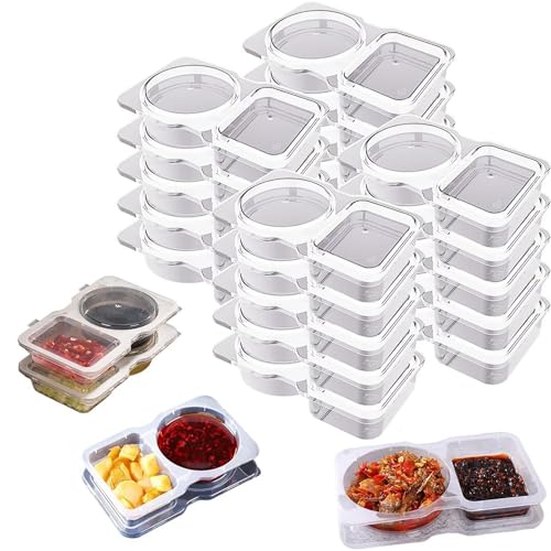 KIEYIQE 2025 Nuevos recipientes para condimentos de doble compartimento con tapas, vasos para porciones, recipientes reutilizables para bocadillos para llevar y salsas para llevar (25pcs)
