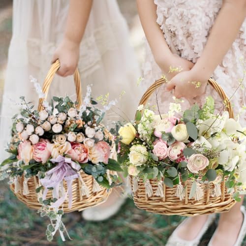 Image of DOITOOL Wicker Rattan Flower Girl Basket with Fringe, Small Wicker Rattan Basket with Handle, Rustic Petal Storage for Wedding Ceremony, Handmade Woven Photography Prop, Easter Egg Hunt Decoration