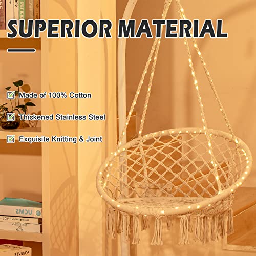 Sonyabecca LED Hanging Chair Light Up Macrame Swing Hammock Chair with 472" LED Light for Indoor Outdoor Home Patio Deck Yard Garden Reading Leisure Lounging Large Size(55x75cm) (NO Stand)