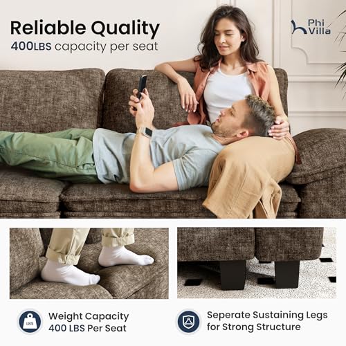 Image of PHI VILLA Cloud Modular Couch Sets, 123.6 inch Sectional Sofa with L-Shaped Chaise, 4-Seater Upholstered Couches with Movable Ottoman for Living Room, Chenille Grayish Brown