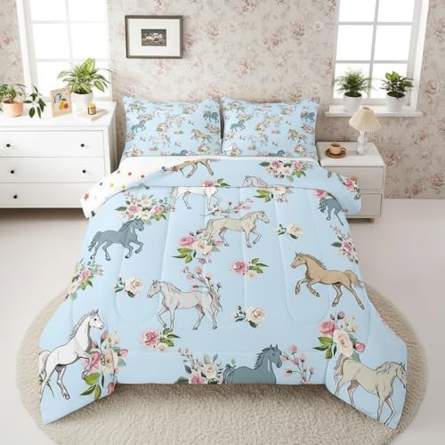 Erosebridal Horse Quilt Twin Size, Farmhouse Western Cowboy Cowgirls Duvet Insert for Kids Boys Girls Teens, Cartoon Kawaii Horse Bedding Set, Rustic Rose Floral Comforter Set + 1 Pillow Case