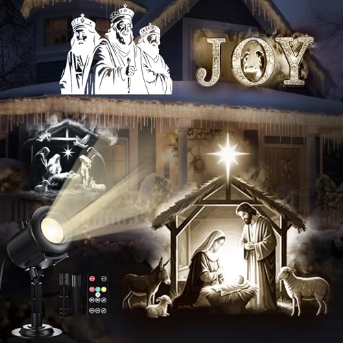 Image of Aurelema Christmas Nativity Scene Projector Lights, 2025 Upgrade 3D Dynamic Joy Jesus Christian Outdoor Indoor Xmas Decorations Lights, 4-Color, 12 HD Effects with Remote for Wall Window