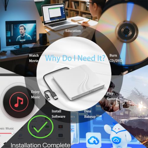 Image of External CD DVD Drive, 0.5″ Ultra Slim USB 3.0 Type-C DVD Player, CD DVD+ /-RW Optical Drive, Portable DVD CD Burner Reader Writer Recorder for Laptop, Desktop, Mac, Windows 11 /10 /8 /7, Linux, White
