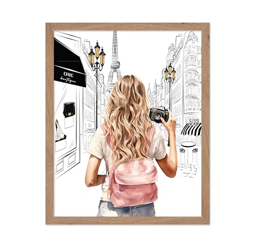 Image of Poster Master Fashion Poster - Lady With A Camera Print - Trendy Art - Paris Art - Modern Art - Gift for Women & Fashionista - Glamour Wall Decor for Bedroom or Girl's Room, 11x14 Beige Framed
