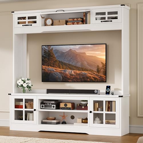 YITAHOME Wall Unit Entertainment Center with Storage for TVs Up to 70', Modern TV Stand with Power Outlets, Adjustable Shelf & Glass Doors, for Living Room & Apartment, White