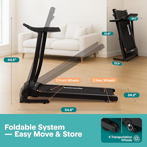 Image of SereneLife Treadmill with Incline & Handle Bars | Compact Portable Walking Pad & Treadmill for Home /Apartment | Wide Running Belt 40 inch x 16 inch | Includes Workout Trainer Program with Bluetooth App