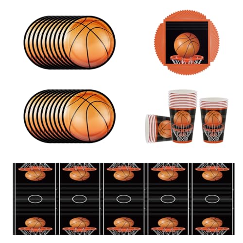 YINcrinx Vaisselle de fête sur le thème du basket-ball,comprenant assiettes,gobelets,nappes et serviettes de table.Convient pour les pique-niques en plein air,fêtes d'anniversaire, jusqu'à 20 invités