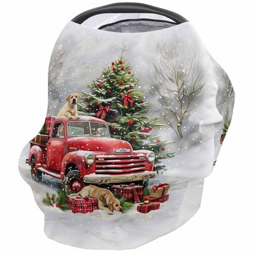 Nursing Cover for Breastfeeding Scarf, Red Truck Dogs Falling Snow Christmas Tree Baby Car Covers Super Soft Multi Use for Canopy Shopping Cart Cover Blanket Stroller Cover