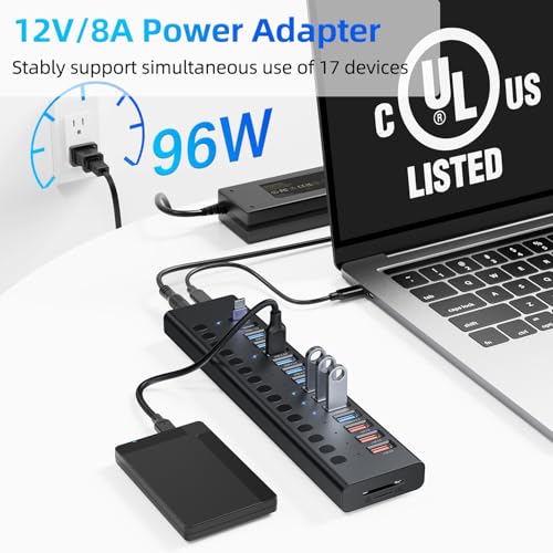 Image of VANGREE Powered USB Hub 10Gbps, 17 Ports USB 3.2 Hub, 96W Power Adapter