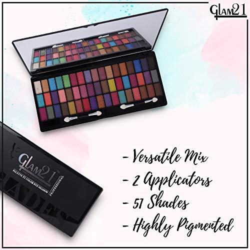 Image of Glam21 professional eyeshadow palette 01, 51 highly pigmented, shimmery & metallic shades | sleek design makeup kit with 2 applicator, 308 gm