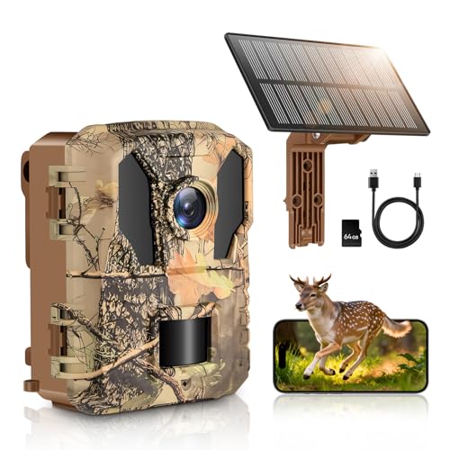 MYPIN Cámara de Caza 4K 64MP Solar con WiFi, Visión Nocturna, Batería 5000mAh Incorporada, IP66 Resistente al Agua, Activación por Movimiento, Incluye Tarjeta de Memoria de 64GB