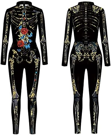 Combinaison Moulante Halloween Squelette Avec Imprimé Roses - Pour Femme, Manches Longues, Fermeture Dos