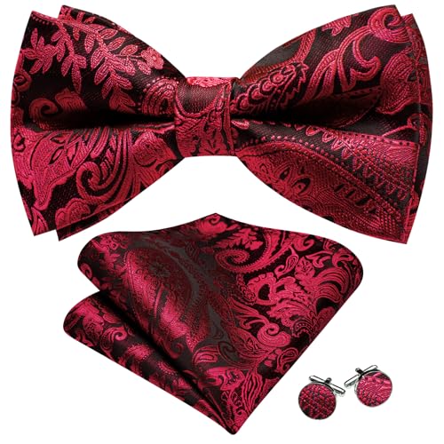 Image of Barry.Wang Paisley Striped Bow Tie for Men Silk Pre-Tied Bowtie Pocket Square Cufflinks Set Formal Wedding Party Prom
