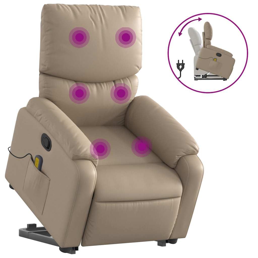 Sillón elevador reclinable de piel sintética de capuchino con 6 puntos de vibración y marco estable, función de elevación eléctrica y reclinación manual a 135 grados