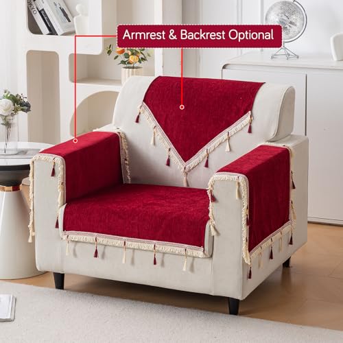 Image of HOKIPO 'Serenity Tassel' Chenille 1 Seater Sofa Cover with Tassel - Crimson Ruby (IN-890-MRN)