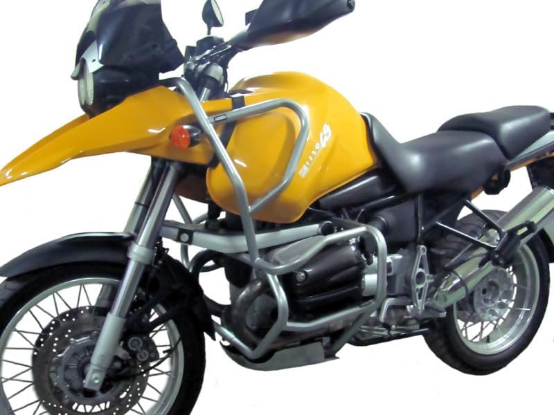 Front-left view of a yellow BMW R 1150 GS motorcycle with silver HEED crash bars installed.