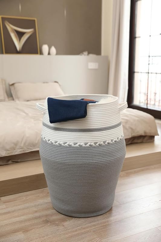 Image of Storage Cotton Rope Basket and Laundry Hamper for Dirty Clothes, Towels, Blankets, Pillows Storage in Living Room, Laundry Room and Bedroom (Grey White Zig Zag With Lid, 15x18 Inch)